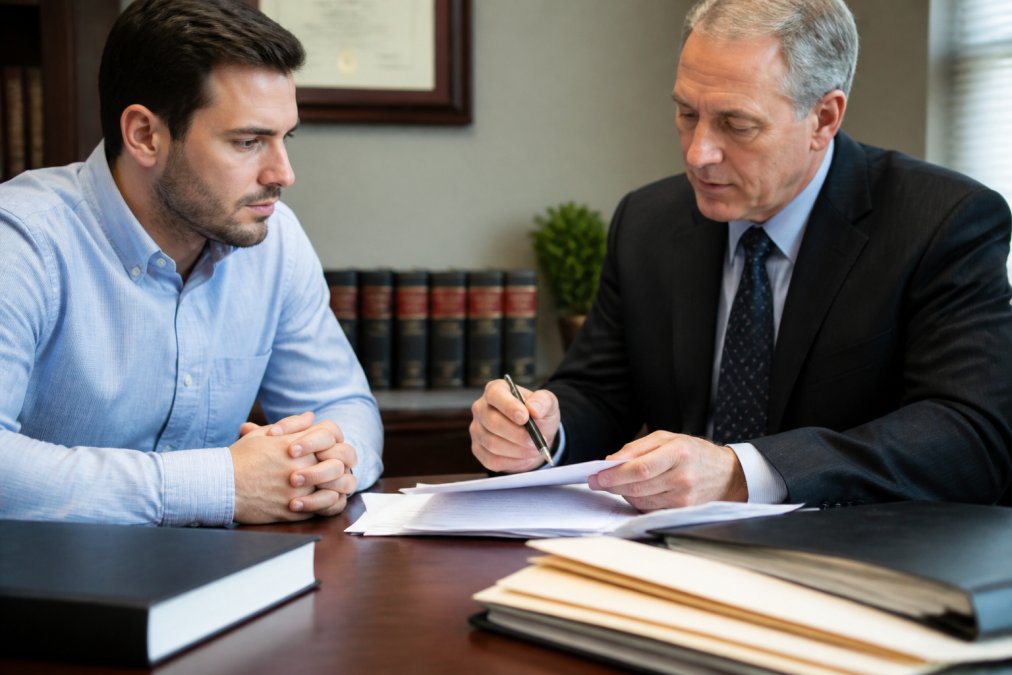A lawyer and client reviewing legal documents during a fraud investigation in a professional office.