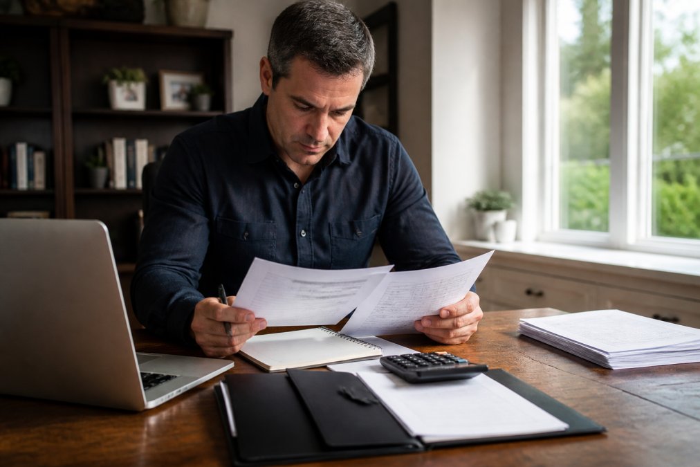 A business owner reviewing LLC formation documents and financial statements at a wooden desk with a laptop, calculator, and legal folder in a home office