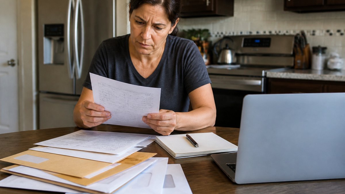 A person sitting at a kitchen table reviewing a bank statement and a stack of legal envelopes, with a laptop open and a pen and notepad nearby