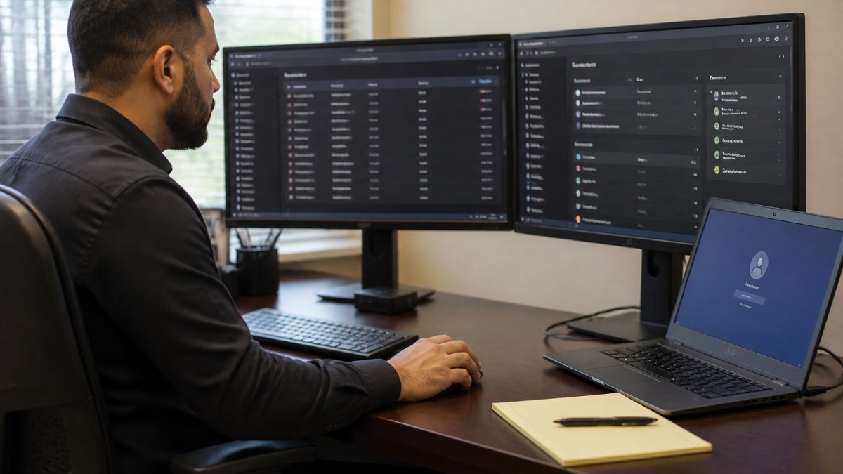 IT professional at a desk reviewing security dashboards on two monitors in a modern office, with a laptop showing an authentication prompt and a notepad nearby