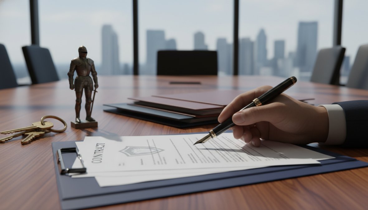 A small business owner in a bright modern office reviewing insurance policy documents with a pen in hand, coffee cup nearby on the desk, natural daylight through a window