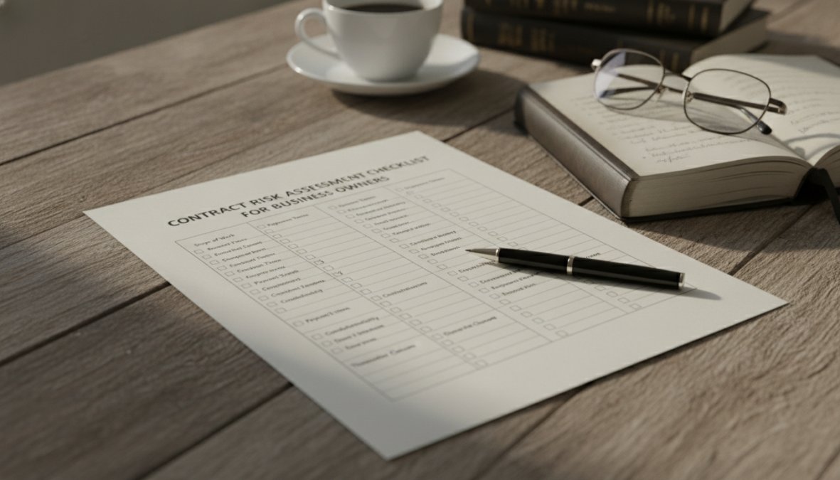 Small business owner reviewing contract documents at a desk with a checklist and pen, carefully examining details with focused concentration