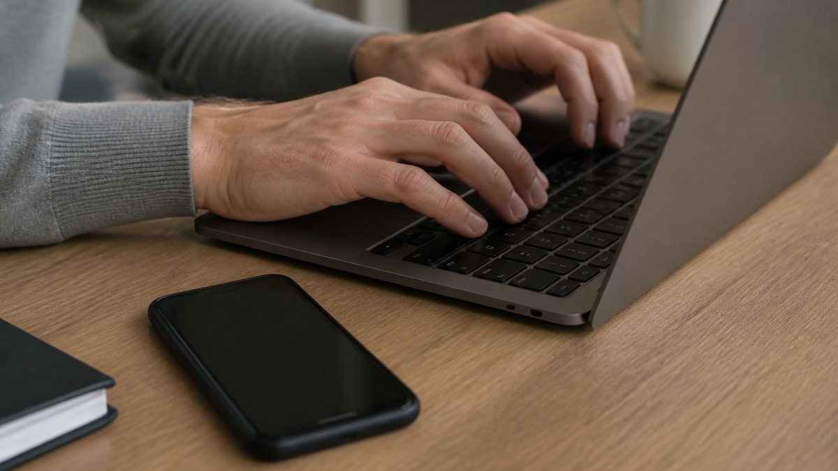 Hands typing a complex password on a laptop with a two-factor authentication code displayed on a smartphone.