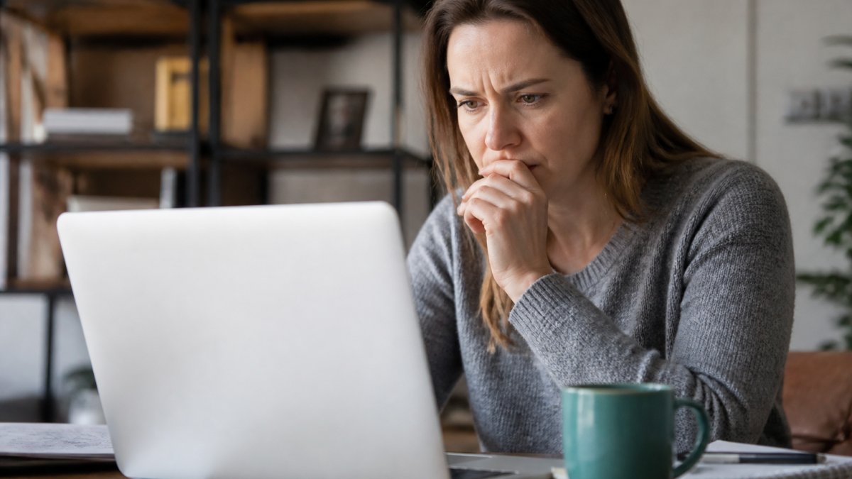 Person sitting at desk with laptop, reviewing personal information on screen with concerned expression, coffee cup nearby