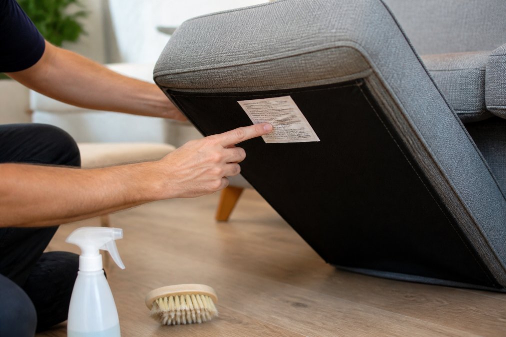 Close-up of a hand pointing to a fabric care tag on the underside of a sofa cushion, with a soft-bristled brush and spray bottle nearby on a clean living room floor