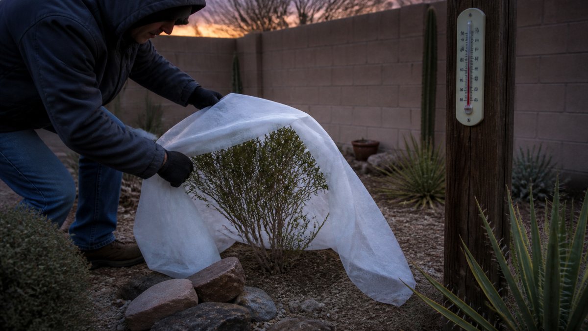 A gardener in a hooded jacket draping a white frost cloth over a young desert shrub in a backyard garden at dusk, a thermometer on a nearby fence post reading near freezing