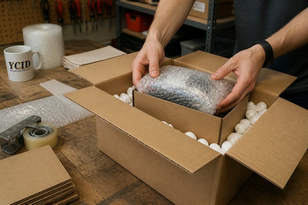 Hands placing a bubble-wrapped diecast car into a small box to protect diecast models during shipping.