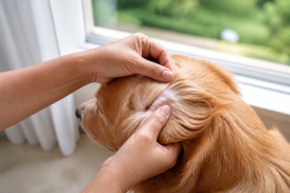 Dog owner's hands parting a dog's golden fur near the ear to inspect for embedded ticks, with natural window lighting illuminating the inspection area