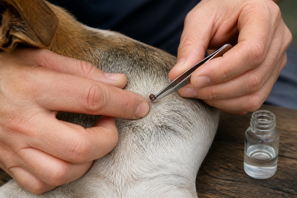 Dog owner's hands using fine-point tweezers to carefully extract an embedded tick from a dog's skin, with a small alcohol-filled container visible on the table nearby