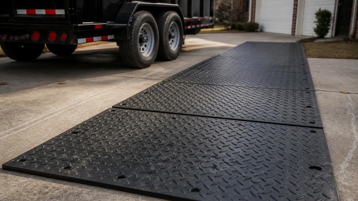 Close-up of heavy-duty rubber protection mats laid end-to-end on a concrete driveway, with a dump trailer partially visible in the background under soft afternoon light