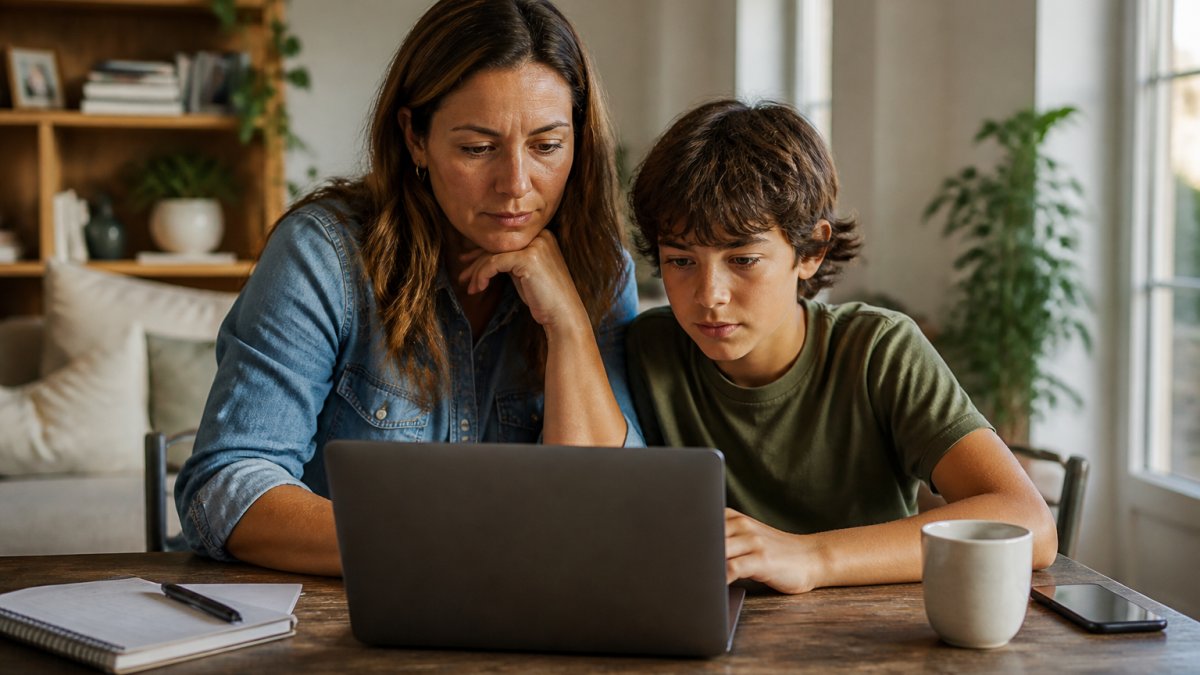 Parent and child sitting together at a laptop, both looking at the screen while setting up parental control settings in a home environment