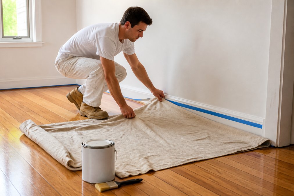 A person laying a canvas drop sheet over timber floorboards in a bright room, painter's tape already applied along the baseboard, paint tin and brush nearby