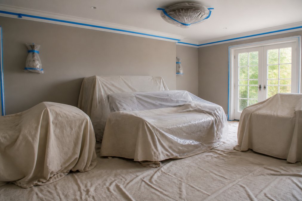 Professional painter's workspace with furniture grouped in room centre, covered with layered canvas drop cloths and plastic sheeting, painter's tape securing edges, protective film around light fixtures, and canvas drop cloths covering hardwood floors