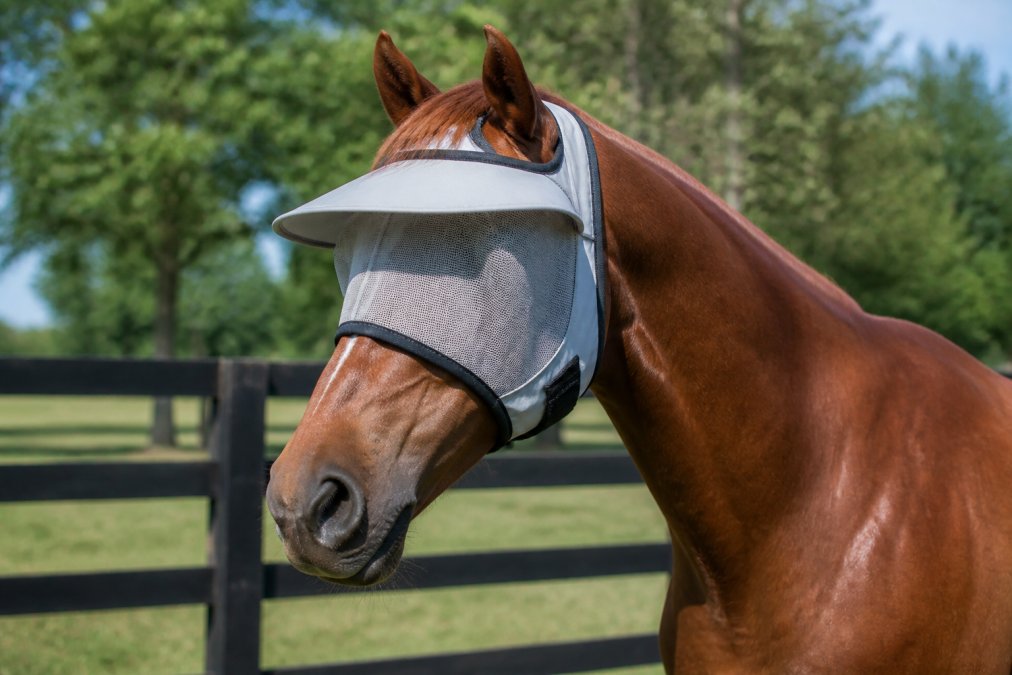 Chestnut horse in a sunny paddock wearing a fly mask to protect horse eyes with a secure mesh visor