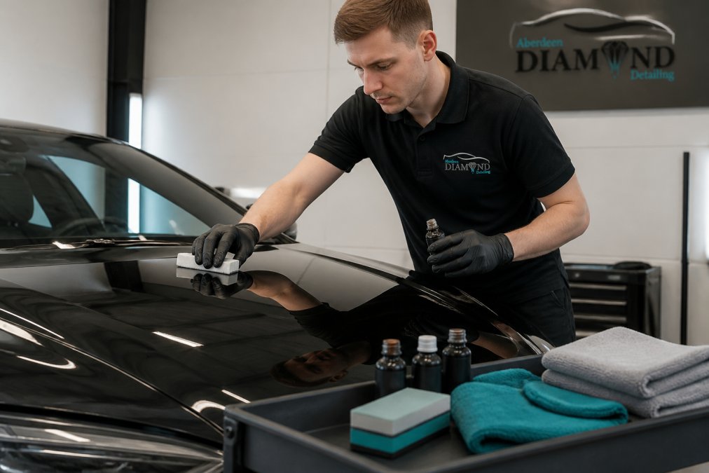 A detailer in clean workwear applying a ceramic coating to the bonnet of a dark prestige car inside a well-lit detailing studio, with applicator block and microfibre cloths visible