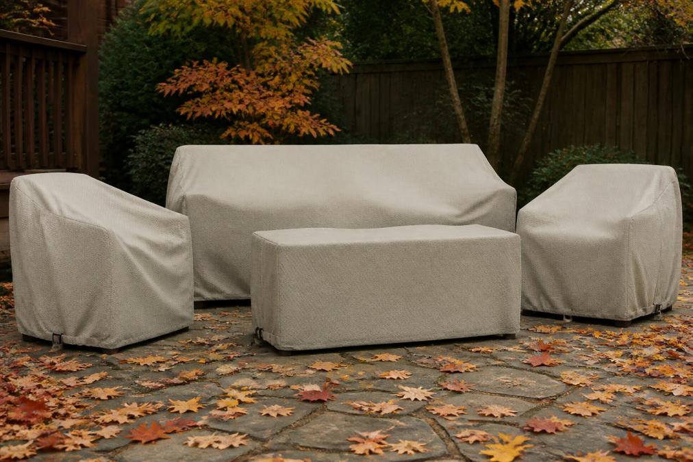 Close-up of a beige heavy-duty patio furniture cover secured snugly over a sofa set on a backyard patio, with windproof straps buckled at the base and fallen autumn leaves scattered on the ground around the furniture