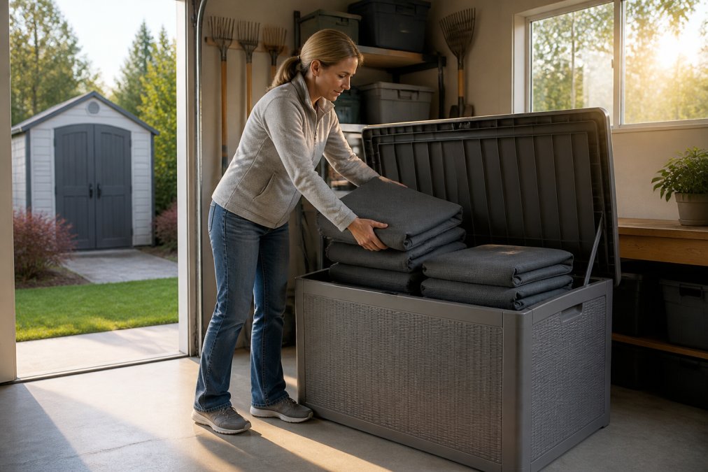 Homeowner stacking neatly folded outdoor cushions into a large open storage bin inside a garage, with a storage shed visible through an open door in the background and warm afternoon light coming through a window