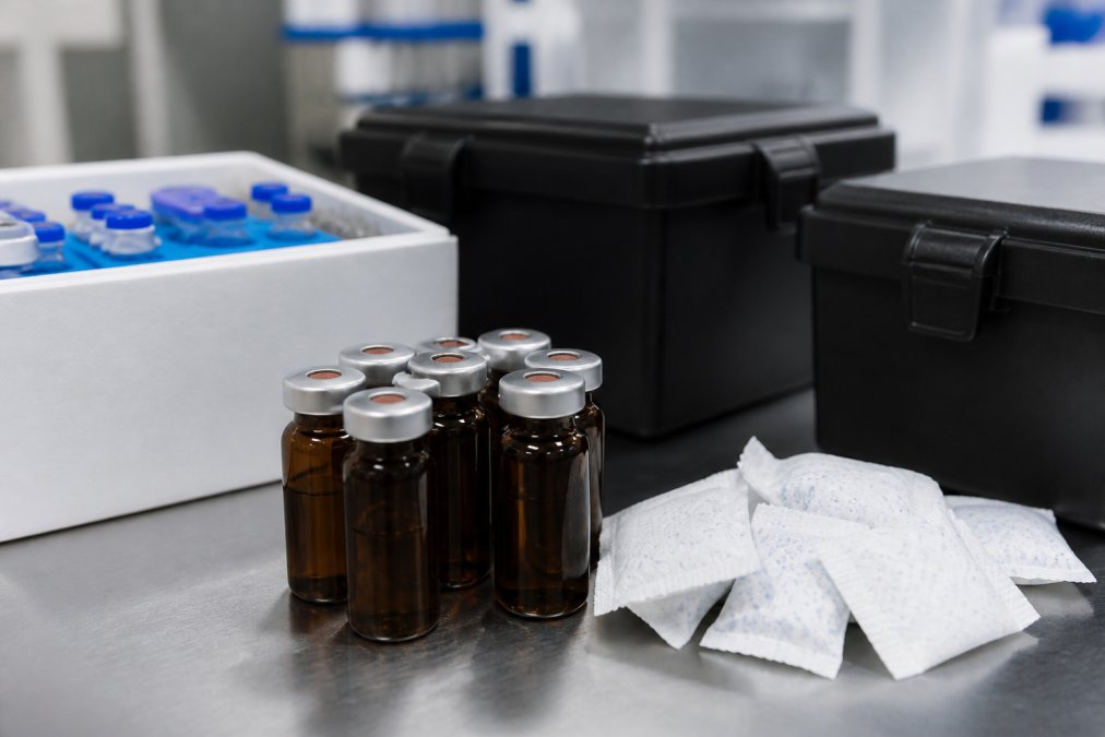 Close-up of amber-colored peptide vials with foil seals and desiccant packets arranged on a clean lab bench, soft ambient lighting, protective opaque storage boxes nearby