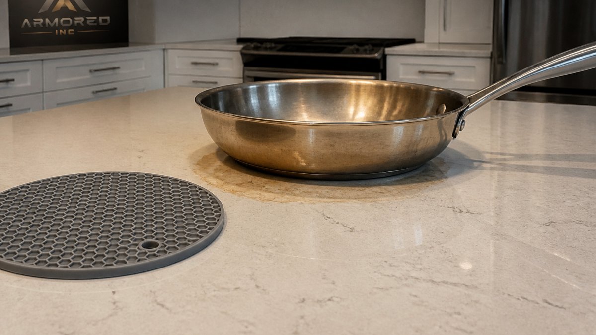 Stainless steel pan causing a heat stain on a quartz countertop next to a silicone trivet in a kitchen