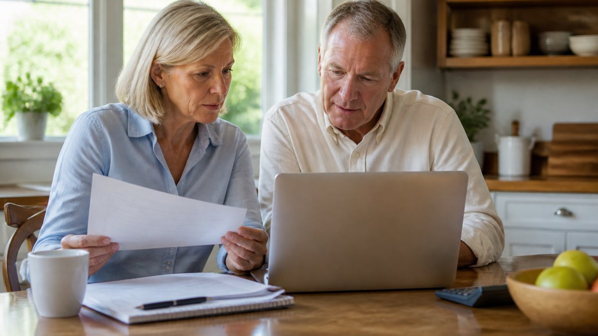 A retired couple in their early 60s reviewing financial documents and a laptop at a kitchen table, with a calm, organized home office setting in the background