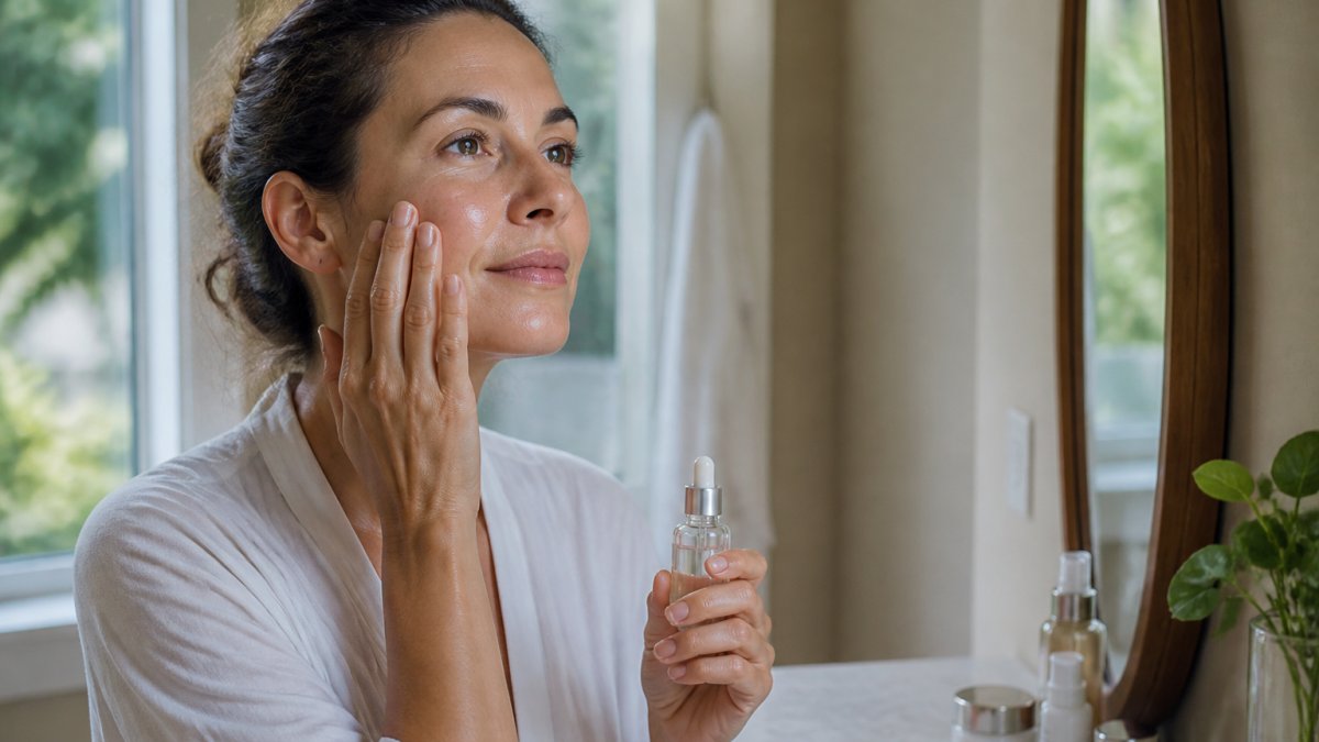 Woman in her 40s gently applying facial serum to her skin in soft morning light at a bathroom vanity