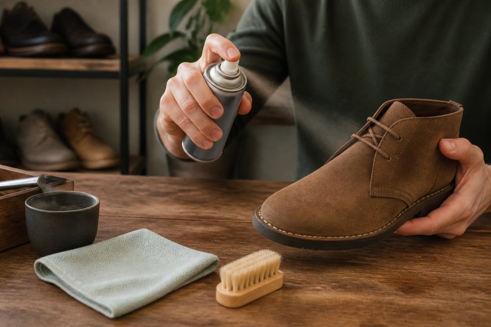Step-by-step diagram illustrating the process of applying protective spray to suede footwear on a wooden table
