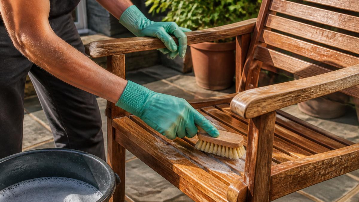 Close-up of a person in gardening gloves scrubbing a teak garden chair with a soft brush and bucket of soapy water on a patio, sunlight catching the wood grain