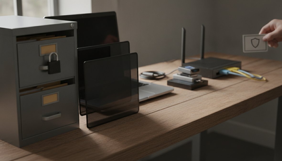 Small business office interior showing locked metal filing cabinets with combination locks, a desktop computer with a privacy screen filter, and a key card access panel mounted beside a closed office door under fluorescent lighting