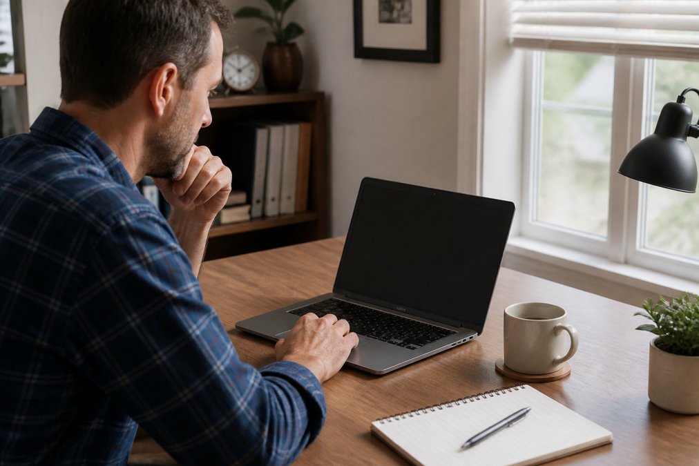 A small business owner at a home office desk reviewing a laptop screen with a security dashboard open, coffee mug and notepad nearby, natural window light