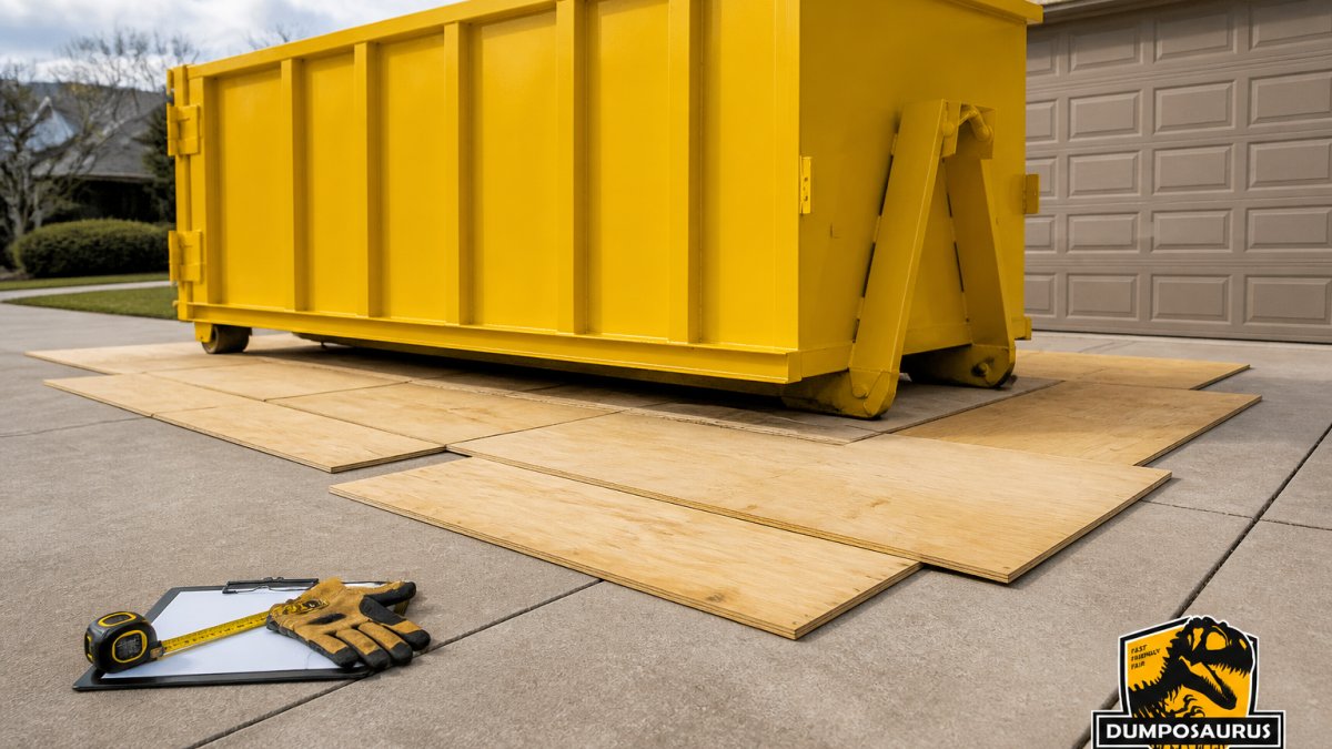Diagram showing plywood layout and buffer zones to protect driveway dumpster from heavy contact points.