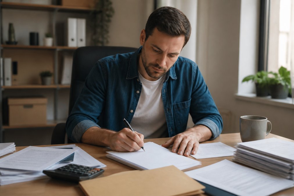 Person sitting at desk with documents and pen, composing a letter on paper with focused expression and natural office lighting