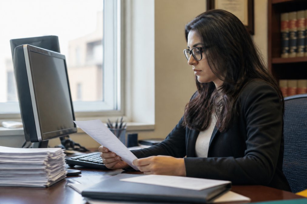 A legal assistant at a desk reviewing a delivery confirmation dashboard on a computer monitor, with a stack of legal documents nearby and natural window light