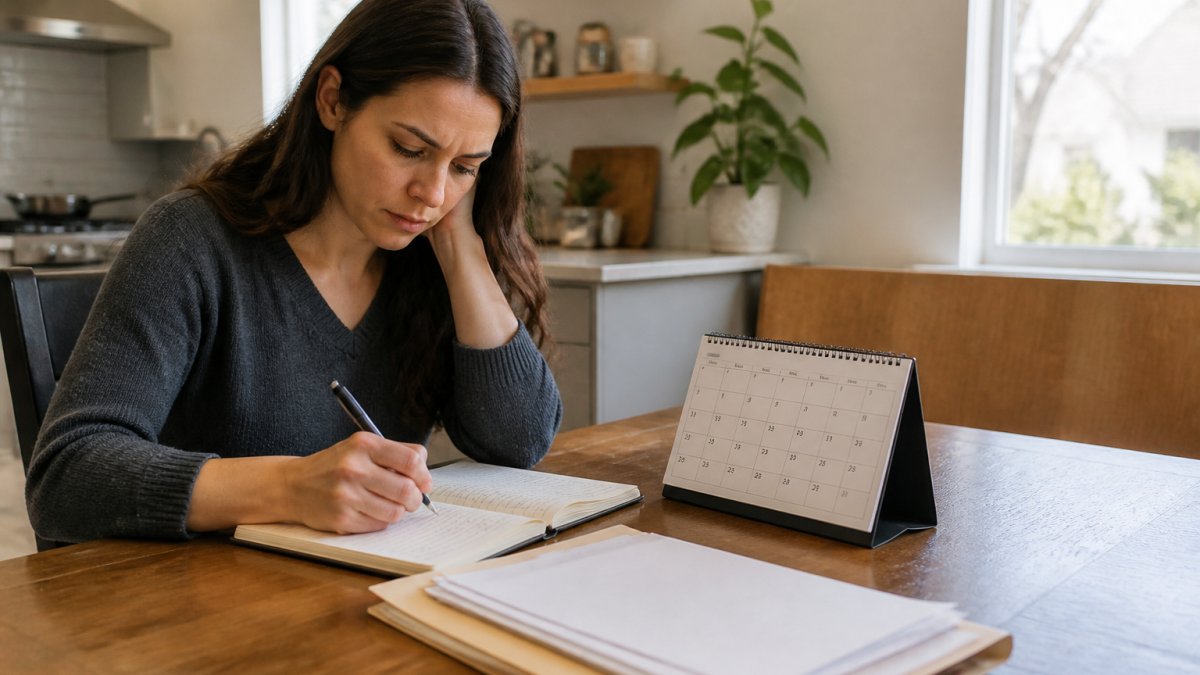 A person sitting at a kitchen table writing in a journal with a pen, a calendar, and a folder of papers nearby, soft natural light from a window