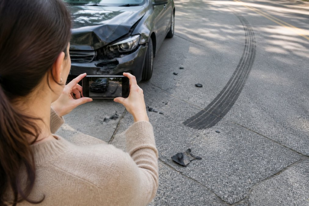 Person at accident scene photographing vehicle damage and skid marks on road with smartphone, showing documentation in progress