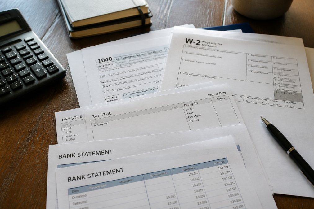 Close-up of organized financial documents spread across a desk, including tax returns, W-2 forms, pay stubs, and bank statements with a calculator and pen nearby, natural office lighting