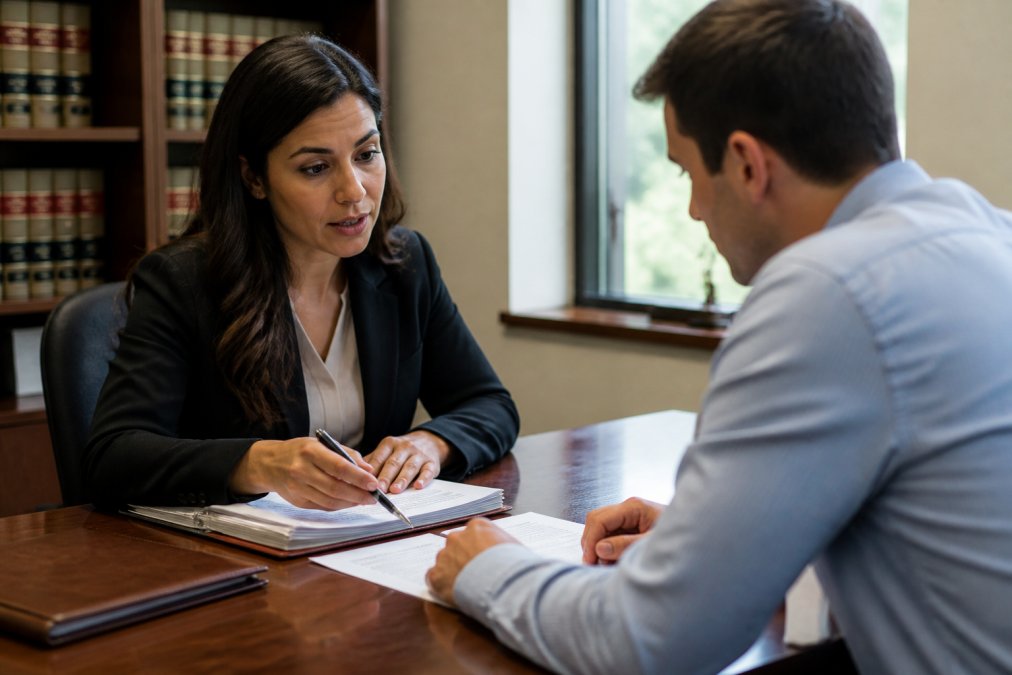 Professional meeting between a client and attorney reviewing financial documents at a desk in a law office, discussing income verification paperwork and child support calculations