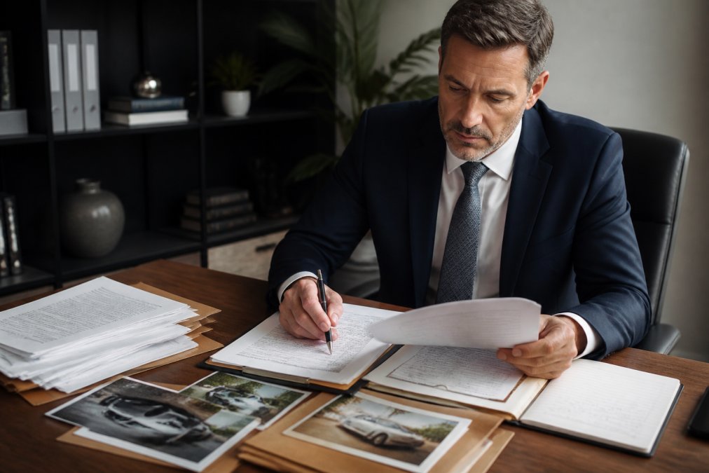 Professional insurance adjuster sitting at desk reviewing accident documentation, medical records, and photographs with pen in hand, focused expression in modern office setting