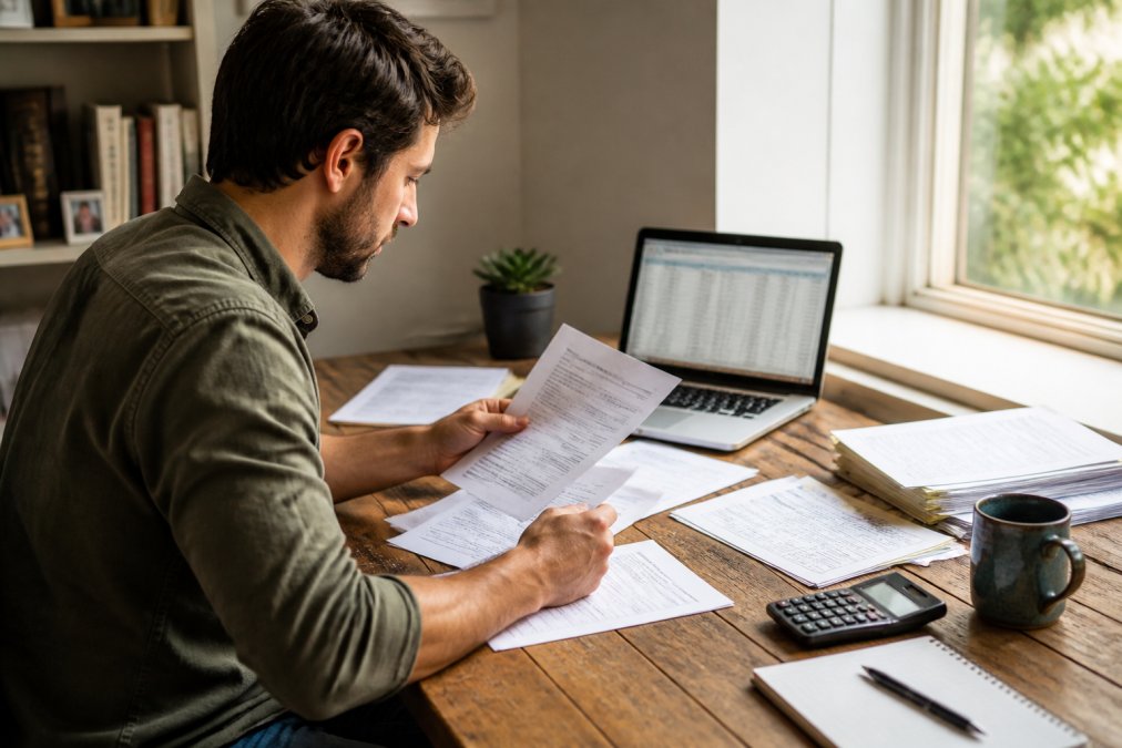 Freelancer organizing invoices and bank statements to prove lost wages if self-employed at a home office desk