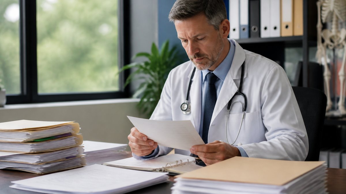 Healthcare professional reviewing medical records and documentation at a desk with organized files and a laptop in a clinical office setting with natural lighting