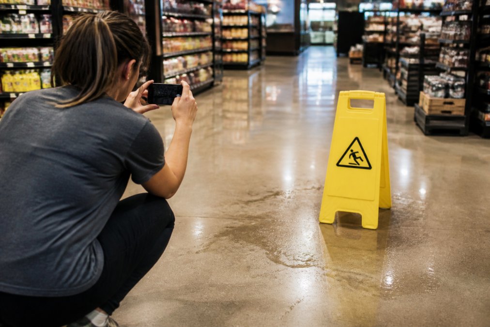 A person crouching low to photograph a wet floor with a yellow caution sign using a smartphone, in a brightly lit grocery store aisle