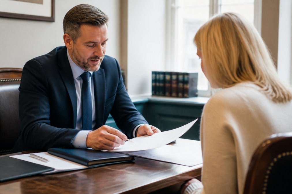 Solicitor and client meeting at a desk reviewing documents and discussing claim details in a professional office setting, with natural light from windows