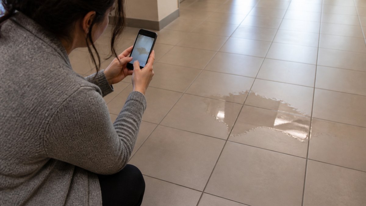 Person taking photographs of a wet floor hazard with a smartphone, showing the hazardous condition clearly from multiple angles with visible water visible on the tile surface