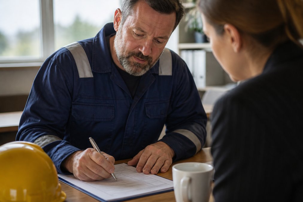 Close-up photograph of a person's hands filling out an accident report form in a workplace setting, pen and cup of tea on the desk, soft natural light from a window