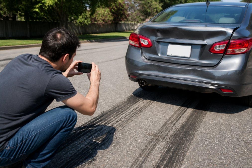 A person kneeling on the asphalt using a smartphone to photograph the rear of a sedan showing the impact point, with visible skid marks trailing behind the vehicle on a sunny suburban road