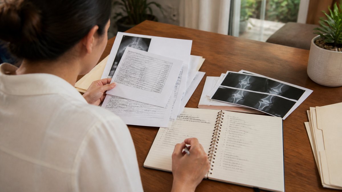 Person reviewing medical records and documentation at desk with notebook showing organized notes about symptoms and functional limitations tracked over time