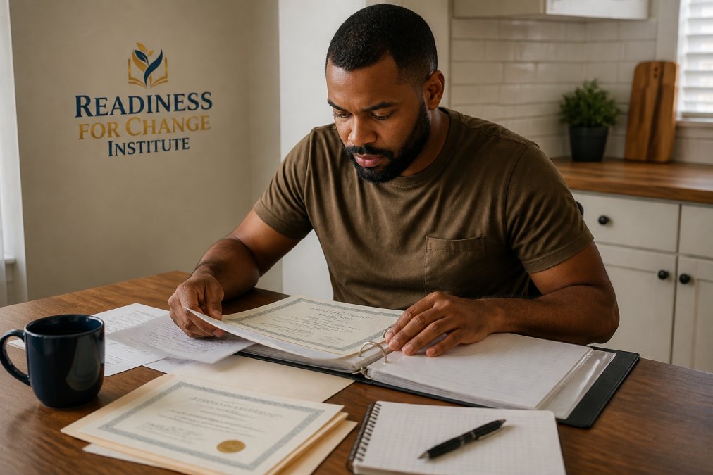 A person sitting at a kitchen table organizing certificates, letters, and a binder of documents, with a pen and notebook nearby, in a warm home setting
