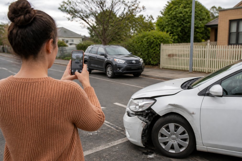 A person standing at the scene of a minor car accident using their smartphone to photograph vehicle damage and road position, with another car visible in the background on a suburban street