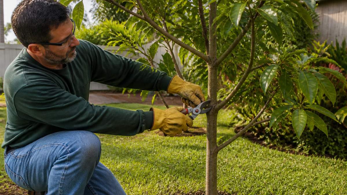 Homeowner using pruning shears to prune fruit trees by removing a crossing branch at the trunk collar