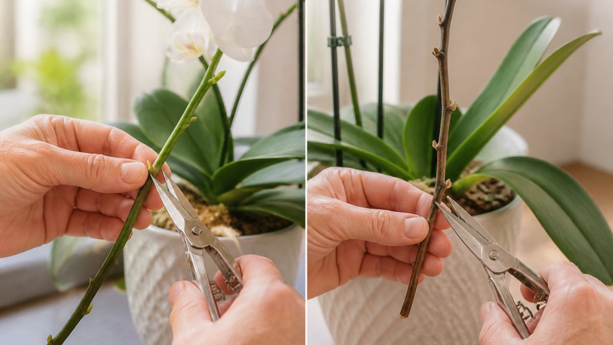 Close-up of hands holding stainless steel snips cutting a green orchid flower spike just above a visible node, with a potted Phalaenopsis orchid in soft indoor light