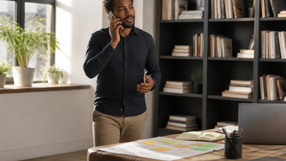 Business author reviewing a chapter outline and manuscript on a desk in a bright home office